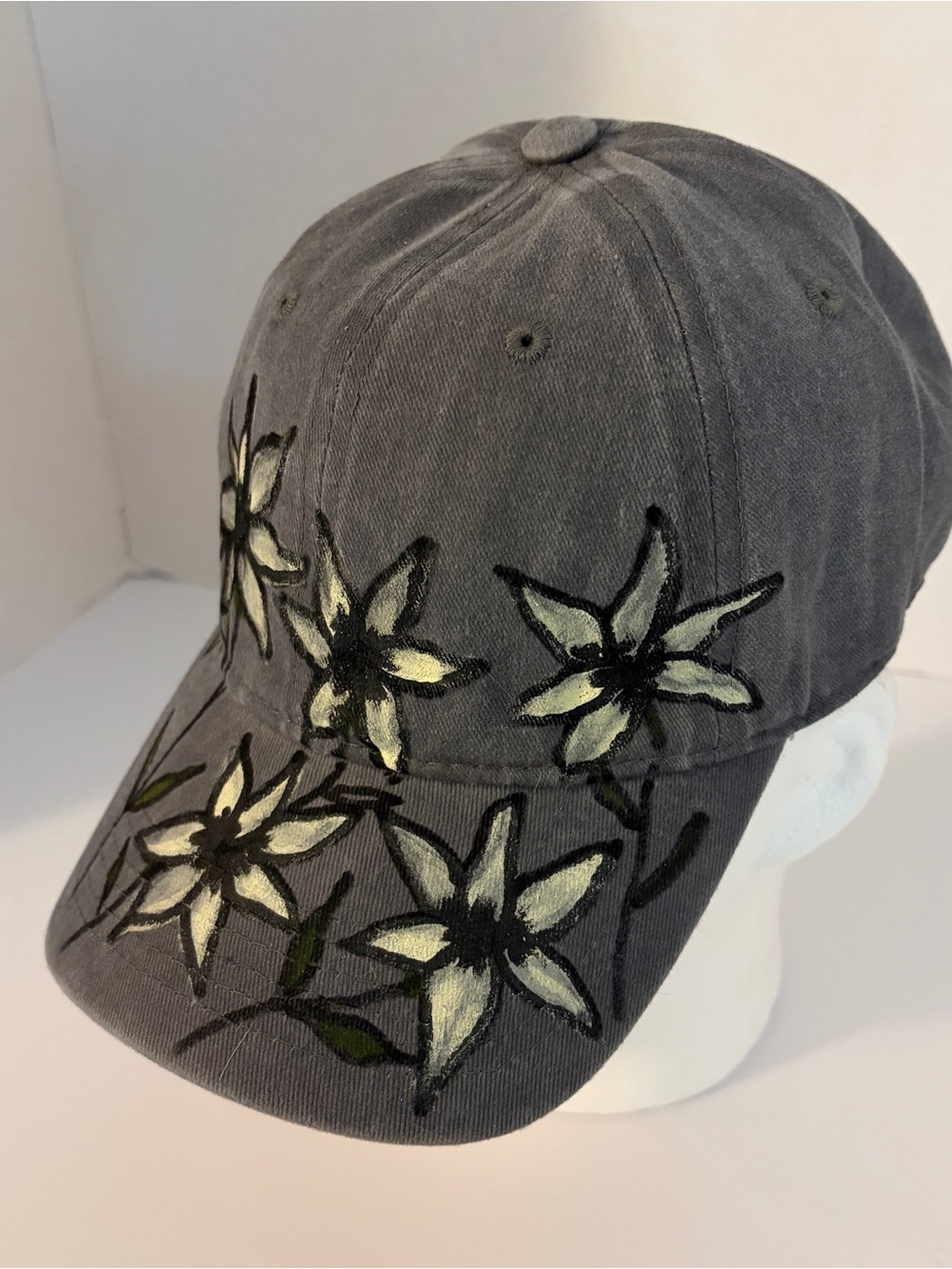 Women's Gray Floral Hand Painted Baseball Cap - Unbranded